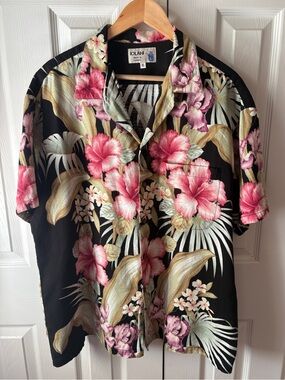 VINTAGE IOLANI Black Tropical Floral Cotton Barkcloth Button Up Hawaiian ShirtXL
